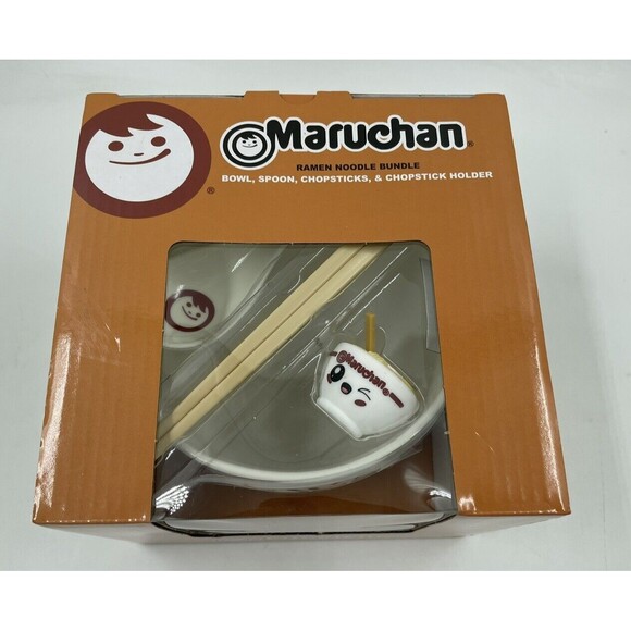 MARUCHAN Ramen Bowl Bundle W/ Spoon Chopsticks & Winky Face Chopstick Holder N01 - Picture 2 of 7